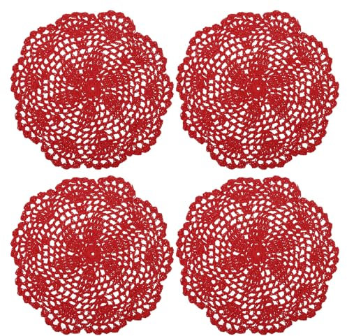 QUARKZMAN Häkeln Deckchen 4Stk 8 - Handgefertigt Häkeln Baumwolle Untersetzer Rund Spitze Tischsets mit Blumen Mustern für Hochzeit Party Dekoration (Rot)