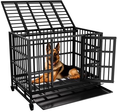 JY QAQA 38 Inch Heavy Duty Indestructible Dog Cage Double Doors Escape Proof Cage Kennel,Enhanced Metal Dog Cage,Extra Large XL XXL Crate Indoor for Large Dog with Removable Tray and Lockable Wheels