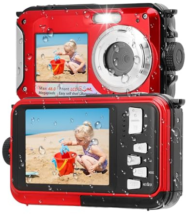 LICAEVEY Fotocamera Subacquea da 11 Piedi, Fotocamera Subacquea a Doppio Schermo Full HD 2.7K 48MP Autofocus Selfie con Cinghia Galleggiante, Rosso