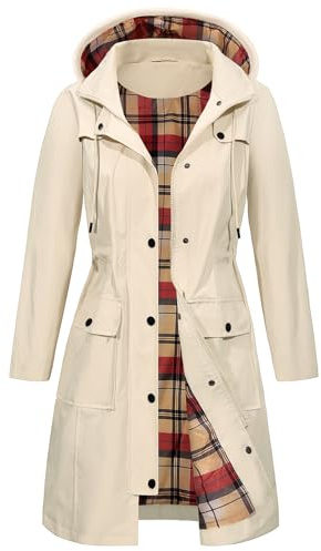 heekpek Womens Waterproof Jackets with Hood Long Rain Coats Lightweight Outdoor Softshell Jacket Windbreaker Trench Coat for Spring Autumn, Khaki, S