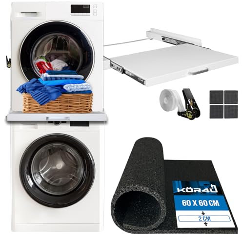 kör4u Tapis anti-vibration de qualité supérieure 60 x 60 x 2 cm et cadre intermédiaire en kör4u blanc avec plaque extensible, acier, 60,5 x 54,5 cm avec sangle d'arrimage