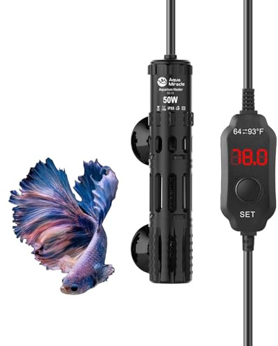 AquaMiracle Submersible Aquarium Heater, 50W Fish Tank Heaters with LED Digital Temp Display, Dry-Run Auto Power-Off & Overheat Protection, for Freshwater and Saltwater Tanks (5-10 Gal)