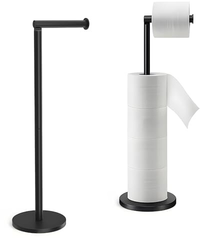 FB FunkyBuys Black Freestanding Toilet Roll Holder – Durable Stainless Steel, 2-in-1 Toilet Paper Holder, Holds 1 Roll & Stores 3, Anti-Slip Base for Stability (Black)