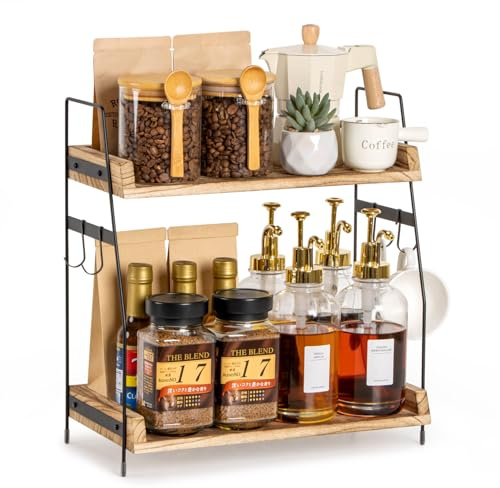 PUERSI Coffee Station Organizer, 2 Tier Coffee Bar Accessories Storage Rack, Wooden Kitchen Storage & Organization with Hooks, Countertop Shelf for Home, Kitchen, Office, Bathroom - Brown