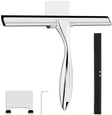 wlich Shower Squeegee, 10 Inch Stainless Steel Window Squeegee with 1 Hook | Silicone Blade, Window Squeegee Cleaner for Shower Glass Door, Shower Wiper Screen for Bathroom, Window,Mirror and Car Glass