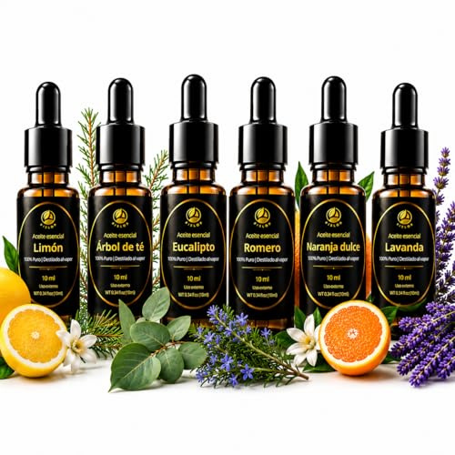 Pack 6 Aceites Esenciales Puros – Romero (Cabello), Lavanda (Sueño), Eucalipto (Gripe), Naranja, Tea Tree (Acné/Hongos) y Limón (Olor Frito) – 100% Natural – 10 ml × 6 - BISLOP