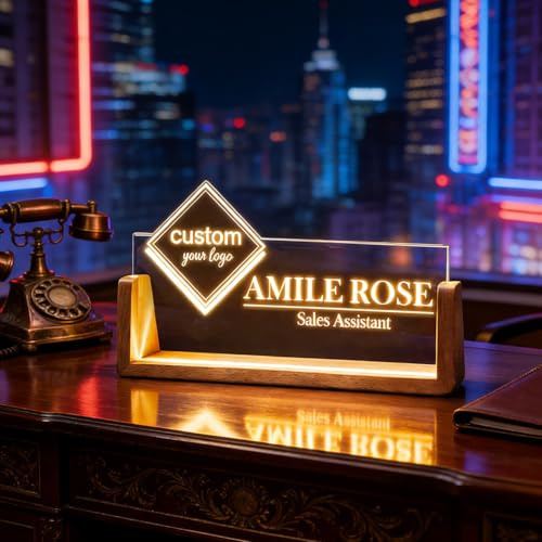Custom Business Logo Desk Name Plate With Wooden Base, Lighted Acrylic Nameplate, Personalized Company Brand LED Night Light Office Accessories Wood Acrylic Sign Decor Gift(A6)