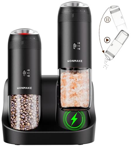WONMAKE Electric Salt and Pepper Grinder Set, Gravity Automatic Pepper Mill 176ML Rechargeable with Charging Base/Dual Speed/6 Adjustable Coarseness/LED Light, for Kitchen One Handed Operation