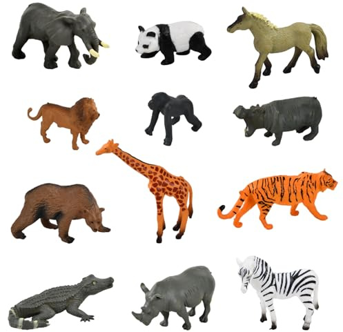 12PCS Safari Animals Figures Plastic, Realistic Jungle Wild Zoo Animals Figures, Include Zebra, Horse, Panda, Giraffe, Orangutan, Tiger, Lion, Brown Bear, Rhino, Crocodile, Hippo, Elephant