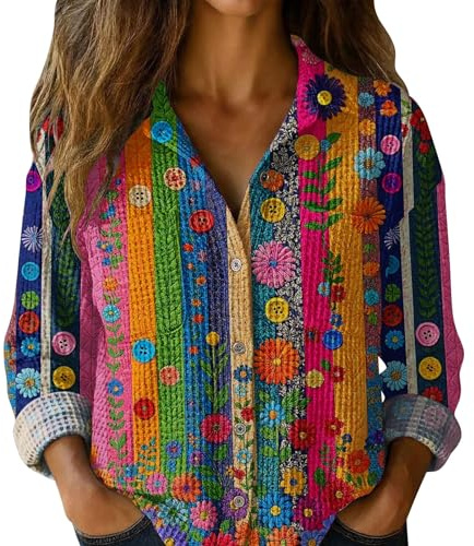 Bluse Donna Elegante Manica Lunga Estiva Camicette Vintage Fiori con Bottoni Camicia per Vacanze Curvy Elegante Blusa da Lavoro Primaverile Basic Bluse Comode Casual Moda Maglia Boho Particolari