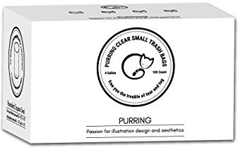 Purring Clear Small Trash Bags with Simple-illustration Aesthetic Drawing, 4 Gallon Garbage Bags with Quick-dispense, 100 Count