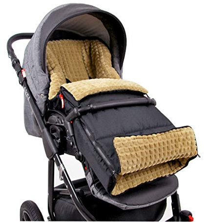 BABYLUX Fußsack 90cm MINKY Kinderwagen Buggy Babyschale Thermo +/ Muff Handmuff Winterfußsack (Schwarz + Beige)