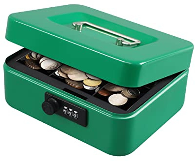 KYODOLED Cash Box with Combination Lock,Safe Metal Box for Money,Storage Lock Box with Money Tray,7.87x 6.30x 3.54 Green Medium