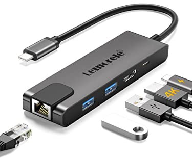 Lemorele Hub USB C con Gigabit, adattatore USB C 5 in 1 a RJ45 Ethernet 1000Mbps, 4K HDMI, 2 USB 3.0, 100W PD, per SteamDeck, MacBook Pro/Air, iPad, ChromeBook Pixel, Matebook, PC Tablet Type-C