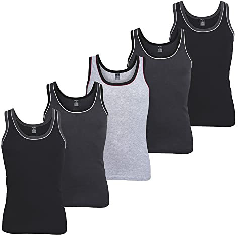 MT Herren Melange Tank-Top (5er Pack) Baumwoll Feinripp Unterhemden ärmellos - Mix mit Schwarz & Grau 6 (L)