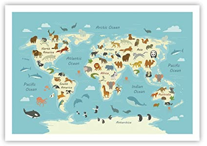 Poster da Parete Senza Cornice 100x70cm Animali il mondo mappa Decorativi Stampa da Parete Decorazione Murale Wall Art Quadri Moderni Soggiorno Camera da Letto Cucina Immagini - P2XAA100x70-4860