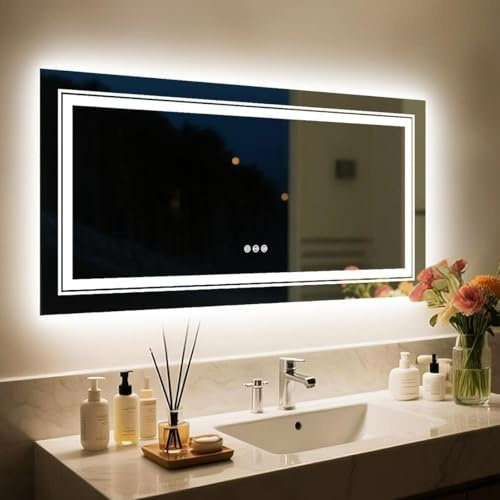 LUVODI LED Badspiegel mit Beleuchtung: 120x80 cm Badezimmerspiegel mit Frontlicht und Hintergrundbeleuchtung Dimmbar Beleuchtet Wandspiegel Schminkspiegel Smart Touchschalter Antibeschlag IP65