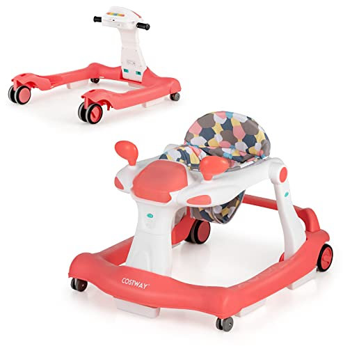 GOPLUS 2 in 1 Faltbarer Lauflernhilfe, Höhenverstellbare Lauflernwagen mit Licht, Musik & Einstellbarer Geschwindigkeit, Babywalker mit Geräuschlose Räder für Kinder 6-18 Monate (Orange)