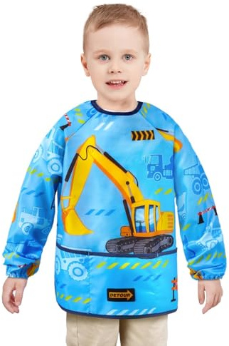 Grembiule da Pittura Bambini - Camion Impermeabile Grembiule Pittura Bambini per Ragazzi Grembiulino Scuola Maniche Lunghe Grembiule da Artista per 4-7 anni Grembiule da Bambino con 3 Tasche