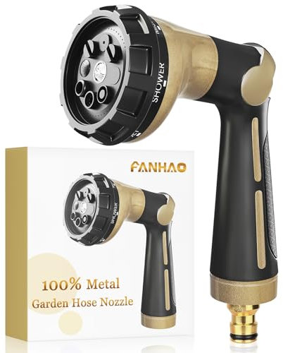 FANHAO Hose Pipe Spray Gun Heavy Duty,100% Metal Garden Hose Gun with 8 Spray Patterns,High Pressure Hose Nozzle Thumb Control On Off Valve for Lawn & Plant Watering, Car & Pet Washing-Khaki