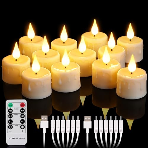 yunsheng Lot de 12 bougies chauffe-plat rechargeables avec télécommande et minuterie 4/6 h, bougies LED vacillantes sans flamme avec 2 câbles USB, mèche en silicone 3D, lumière blanche chaude pour la