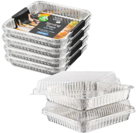 Homeshopa Aluminium Foil Containers with Plastic Lids, 8 Pack Square Disposable Meal Prep Takeaway Foil Tray, Reusable Tin Foil Tray for Cooking, Baking, Roasting, Broiling & Serving