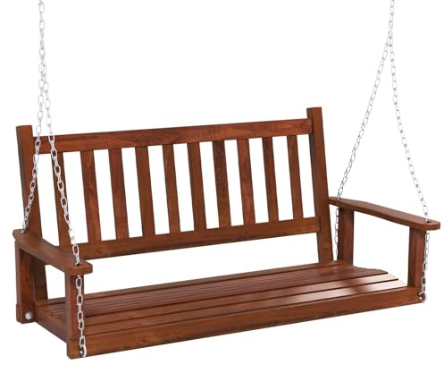 KOMFOTTEU 2-3-sits poppel trä gunga, hängande bänk med justerbara metallkedjor, hängmatta stol med ribbrygg, upphängd trädgård säte (brun, 136 x 67 x 63 cm)