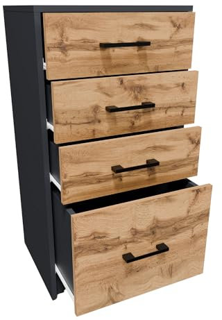 MATKAM Kommode mit Schubladen - Schrank mit 4 Drawers - geräumige Komode - solide Schubladenschrank H:85 B:45 T:35 cm - Kommode Schlafzimmer, Wohnzimmer und Flur Möbel - Grau-Wotan Eiche