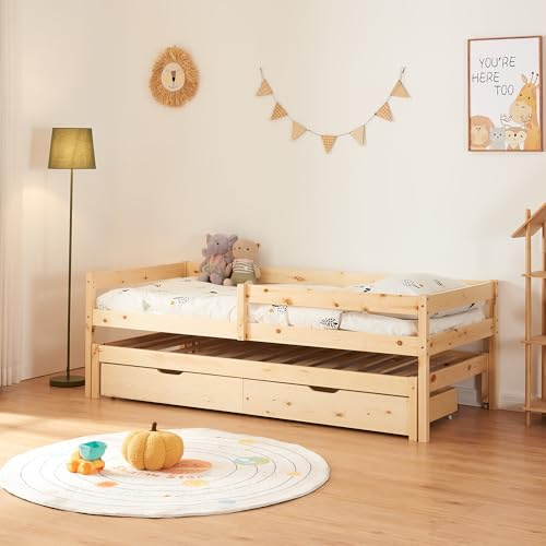 [en.casa] Doppel-Kinderbett Sonkajärvi Kleinkindbett mit Schubladen und Ausziehbett Bettgestell aus Kiefernholz mit Zustellbett 90x200cm Natur