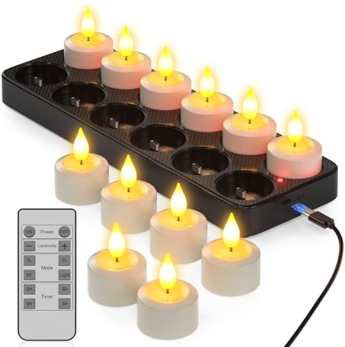 PChero 12er Aufladbare Teelichter mit Ladestation und Timer, LED Teelichter Wiederaufladbar Flackernd Kerzen mit Fernbedienung Timerfunktion, Perfekt für Tisch Kürbis Halloween Weihnachten Party Deko