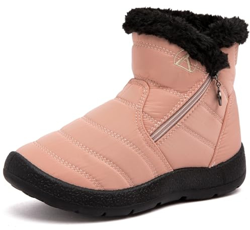 VTASQ Barn snöstövlar pojkar flickor pälsfodrade varma ankelstövlar utomhus vattentäta vinterstövlar halkfri bomullssko slip-on promenadstövlar (små barn/stora barn), Rosa, 35.5 EU