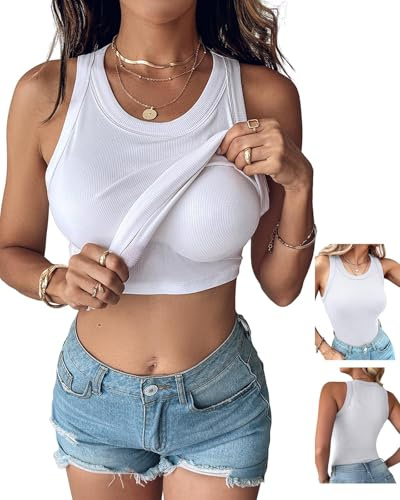 CHICME Women Built-in Bra Tank Tops Sleeveless Casual Shirts Racerback Ribbed Fitted Tank Tops, White, S