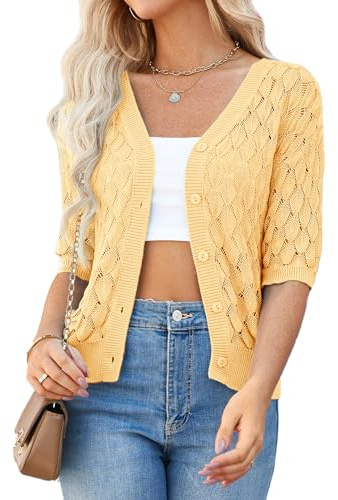 GRACE KARIN Women's Lightweight Crochet Cardigan Button Down, V-Neck Short Sleeve Summer Cardigans for Women UK, Ladies Knitted Cropped Bolero Cardigans Yellow M