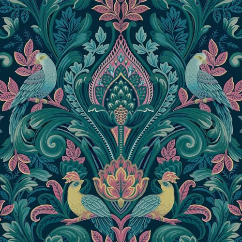 Grandeco Peacock Themed Damask Style Textured Vinyl Bold Coloured Wallpaper in Navy Blue/Pink Perfect for Feature Walls Living Rooms Bedroom Decoration A67801