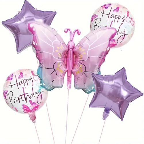 GGUFAY 5 Pièces Ballons de Papillon,Ronds Happy Birthday d'Aluminium, Géant Ballons de Coloré Papillons,pour Enfants Anniversaire Fête Décoration Filles