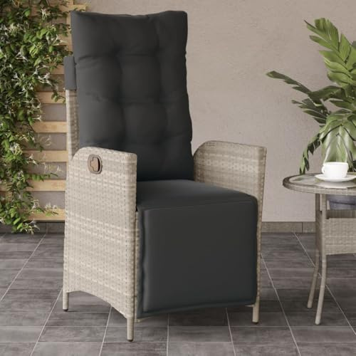 Fauteuil de Jardin Inclinable, Chaise de Jardin avec Repose-Pieds Réglable en Rotin Synthétique, Structure Acier Résistante, Confortable avec Coussins Amovibles,Balcon, Gris Clair, 57 x 115 x 93 cm