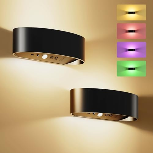 Motion Sensor Wall Light, 5000mAh Rechargeable Battery Operated Motion Sensor Light Indoor with Remote, 15 RGB and 3 Colors Dimmable, Wireless Wall Sconces for Hallway, Living Room, Stair, Bedroom