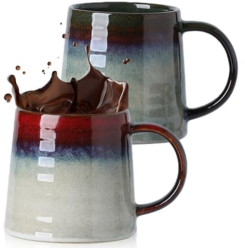 450 ml tazza da caffè grande, confezione da 2 tazze in gres porcellanato con manico, in ceramica, per ufficio e casa, facile da tenere, microonde e lavabile in lavastoviglie (verde inchiostro e rosso