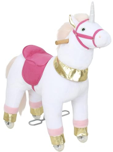 AIYAPLAY Ride On Horse Plush Kids Rocking Horse with Wheels Ages 3-5 White | Ride On Unicorn Toy, No Batteries Required