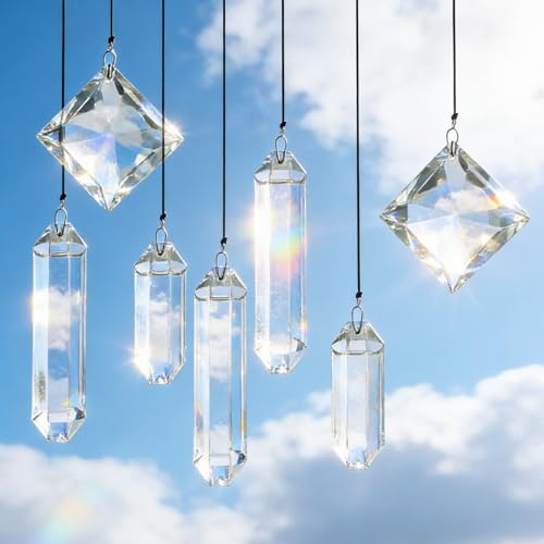 VEEKAY Acchiappasole Cristallo,7 Pezzi di Cristallo a Prisma,Pendenti Prismi Cristallo,Pendenti Suncatcher Decorazione,per Decorazioni Casa Giardino Finestra Outdoor Appendere