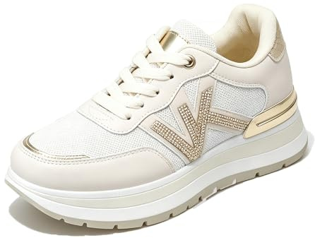 CLEIKS Scarpe da Ginnastica Donna con Zeppa Dettagli in Strass Oro Suola in Gomma Antiscivolo per Passi Sicuri (Beige, 41EU, WSC260162-7)