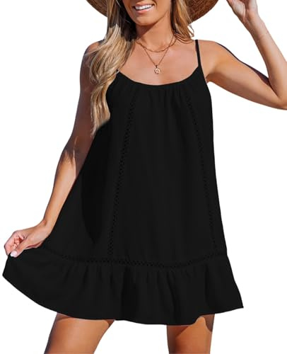Rayson Vestito Casual Donna Estivo Corto Mini con Volant Spalline Regolabili e Dettagli Traforati Leggero Copricostume Mare e Spiaggia(Nero)