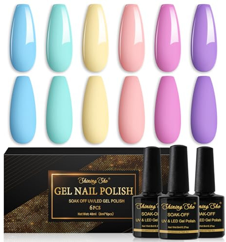 Shining She Pastel Esmaltes Semipermanentes de Uñas en Gel UV LED, 6 Colores Primavera Verano Macarron Rosa Morado Azul Amarillo Verde Pintauñas Semipermanentes Profesional/Salón/Para el hogar, 8ML