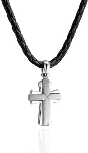 STERLL Collana Uomo Con Croce In Argento 925 E Cinturino In Pelle Intrecciata