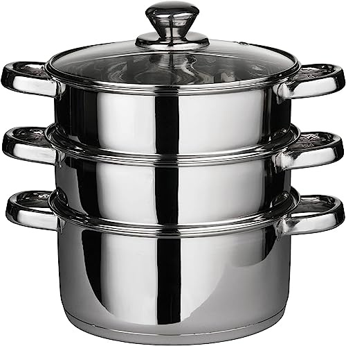 Vinod Steamer Cooker Pot Set with Glass Lid Stainless Steel Induction Friendly, 3 Tier Pan, 20cm, by VINOD, Silver