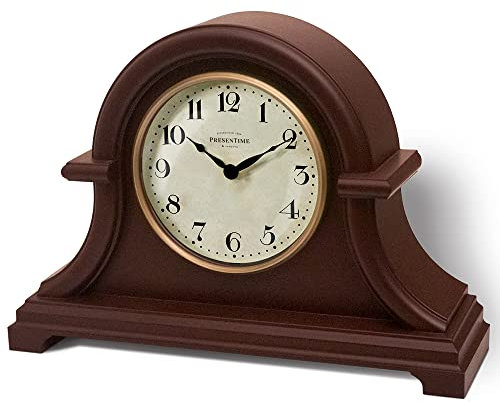 Presentime & Co. Mantel Clock Vintage Farmhouse Series, Napoleon Desk & Shelf Clock, 13 x 10 inch, Domed Lens, Quartz Movement, ABS Plastic Case, Walnut Brown Finish (Home/Tabletop Decoration)