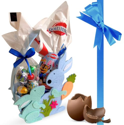 NARAMAKI Regalo Originale 2025 - Cestino in Feltro Coniglietto Azzurro 18x24x7cm + Uovo di Pasqua 40gr Cagnolini Cioccolato al Latte 40gr + 100gr di Ovetti Cioccolato - Regalo Bambino