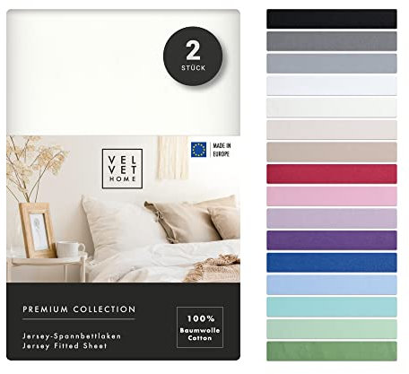 VelvetHome Doppelpack Spannbettlaken 90x200cm 100% gekämmte Baumwolle Made in EU Jersey Bettlaken 90x200 bis 25 cm Matratzenhöhe Spannbetttuch 90x200 Premium Qualität Schönen Farben Ecru