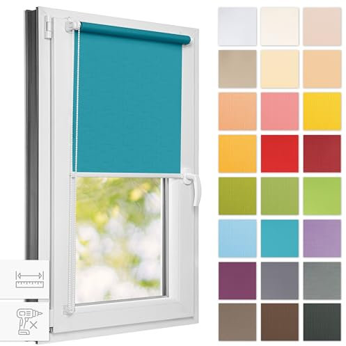 Estika Rollo für Fenster ohne Bohren - 35cm x 120cm - Blaue Lagune - 25 Stofffarben, Klemmfix Montage, Fensterrollos für innen, Sichtschutz für Fenster und Balkontür (35 cm Stoffbreite)