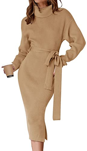 ZESICA Women's Turtleneck Sweater Midi Dress Long Sleeve Ribbed Knit Bodycon Slit Dress with Belt,Camel,Large